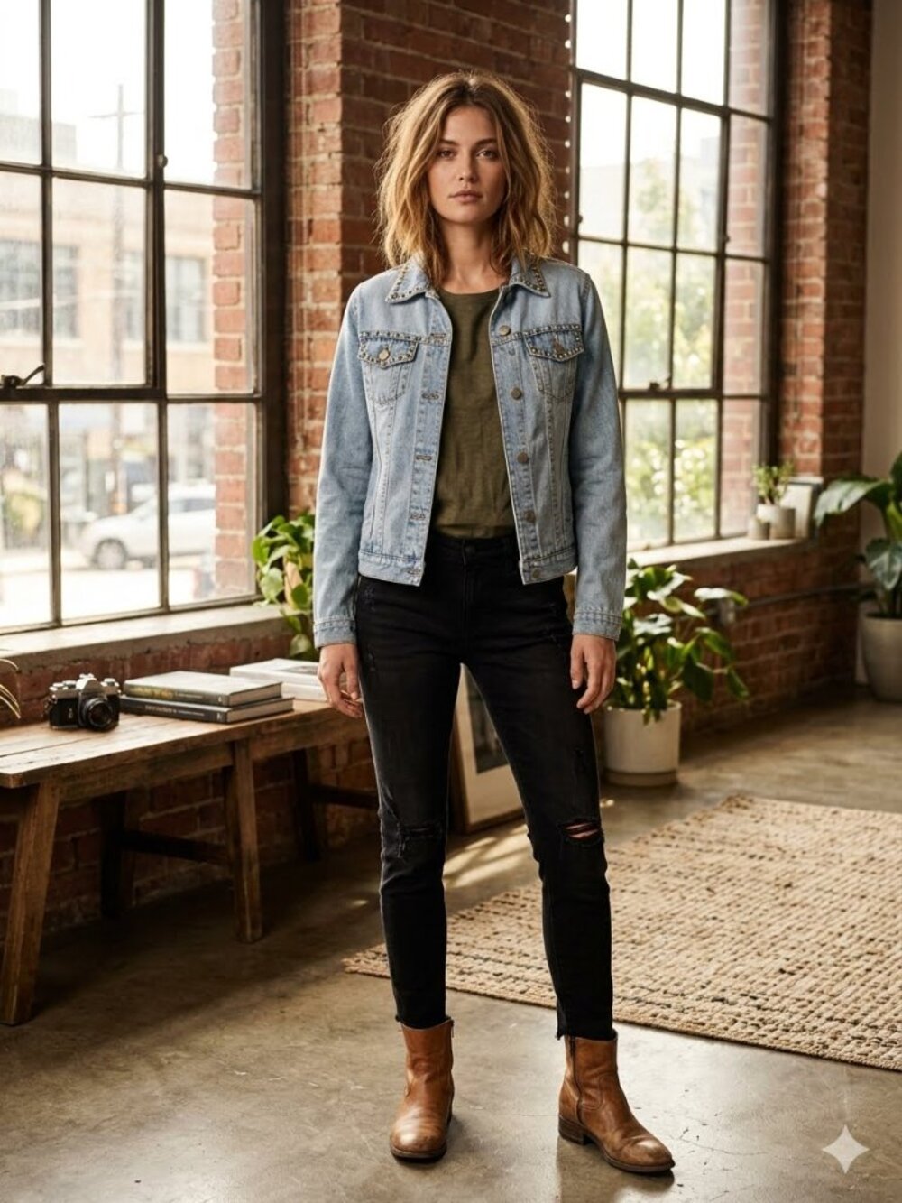 Sisley Women Size Small Blue Denim 100% Cotton Button-Up Studded Trucker Jacket